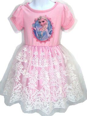 Pink Girls' Tulle Dress with Printed Bodice